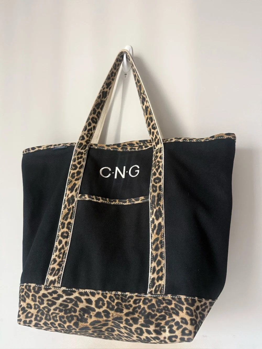 Lands' End X-Large Black Tote with Leopard Trim